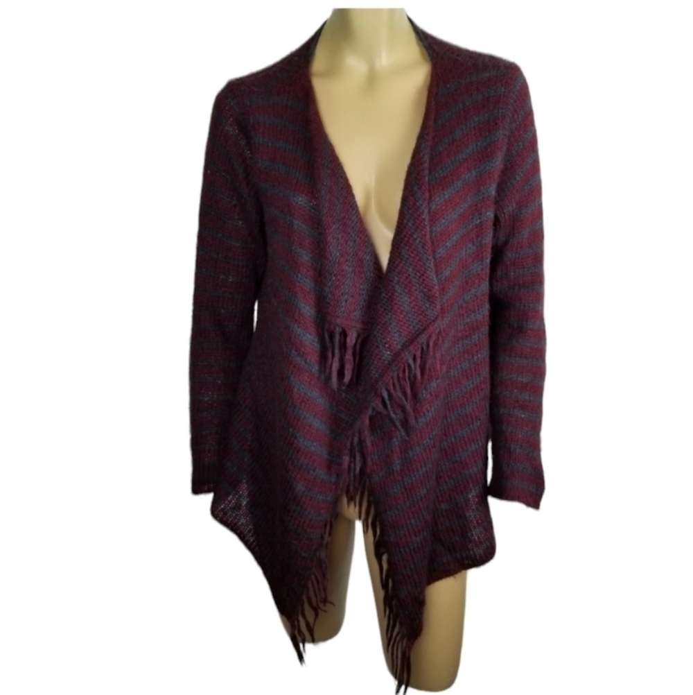 Wooden Ships Wool Mohair Open Cardigan Fringe Stripes S/M Loose Knit Lightweight